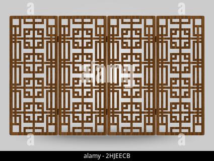 Traditional korea ornament wooden shutter frame pattern. Room divider antique decoration art vector illustration. Natural color wood. Surface timber. Stock Vector
