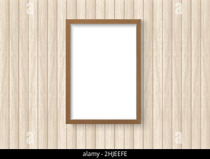 Photo image frame. Wall picture mock up for photograph composition wood border object on wooden background with shadow. Vector illustrator. Stock Vector