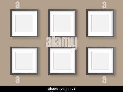 Photo image frame. Wall picture mock up for photograph composition grey border object on brown background with shadow. Vector illustrator. Stock Vector