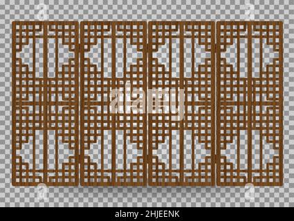 Traditional korea ornament wooden decorative frame pattern. Room divider antique decoration. Antique art vector illustration. Natural color wood surfa Stock Vector