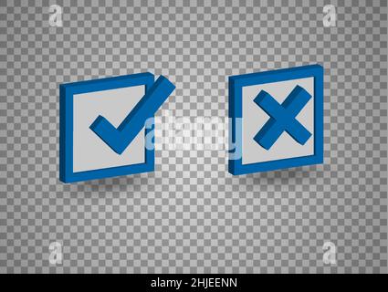 Checklist isometric vector. Right and cross check symbol with blue color for business report object. Stock Vector