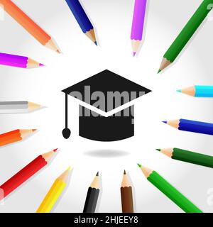 Graduation cap with color pencils on white background vector illustrator. Stock Vector