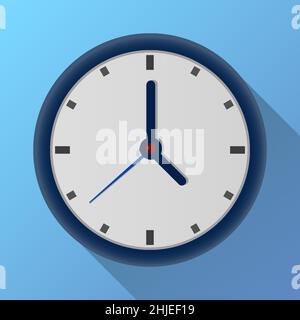 Circle clock flat icon. Round shape on blue wall background timer object with shadow. Elegant analog time vector illustration. Stock Vector