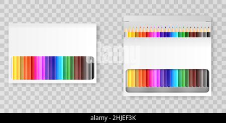 24 Color pencils with empty box on transparent background. Clean mockup template vector illustration. Education stationery tool. Stock Vector
