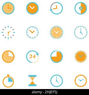 Set of clock flat icon. Perfect circle timer symbol 640x640x pixels vector illustrator. Stock Vector