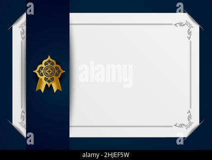 Certificat luxury mandala graphic background. gold ornamental blue white on shadow transparency. Decorative pattern east style. Vector illustration wi Stock Vector