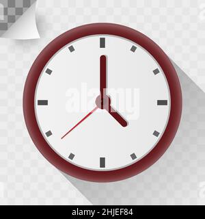Circle clock flat icon. Round shape on white wall and trasparent background timer object with shadow. Elegant analog time vector illustration. Stock Vector