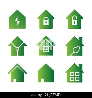 Set of home icon, Thin solid shape of house vector.Green house symbol. Stock Vector