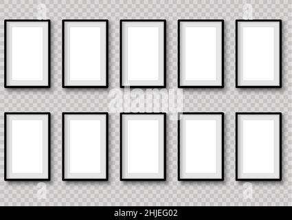 Vertical black photo frame object. 10 Mock up for composition object with shadow. Realistic vertical isolated template. Vector illustrator. Stock Vector
