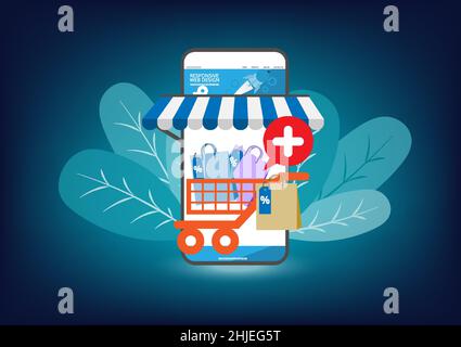 Shopping online. Basket order eCommerce. Web store application payment online. Digital online marketing with screen mobile phone transactions. Blue to Stock Vector