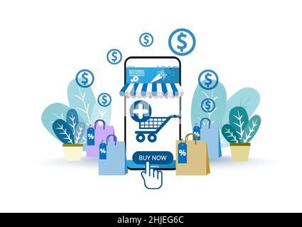 Shopping online. Buy now hand order eCommerce. Web store application payment online. Digital online marketing with screen mobile phone transactions. B Stock Vector