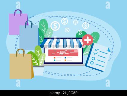 Shopping online. Checklist order eCommerce. Web store application payment online. Digital online marketing with screen laptop transactions. Blue tone Stock Vector