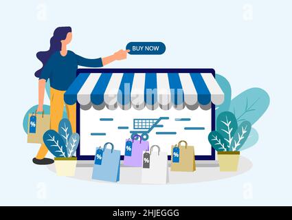 Shopping online. People order eCommerce. Web store application payment online. Digital online marketing with screen laptop transactions. Flat graphic Stock Vector