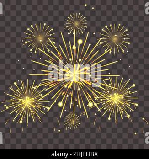 Fireworks shining sparks. Fireworks explosions object for festival on transparent background. Celebrate Lighting effect isolated vector illustration. Stock Vector