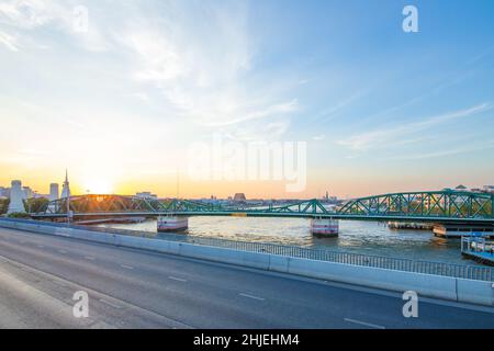 Bangkok / Thailand - December 30 2021: View from Chao Phraya Sky Park, Chao Phraya River close to Phra Pokklao Bridge in, Thonburi, Bangkok, Thailand. Stock Photo