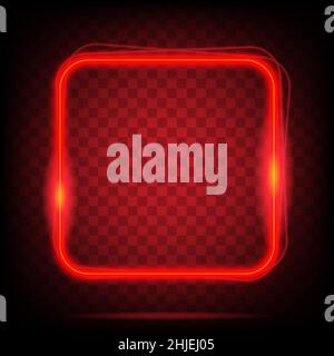 Neon light square banner. Glowing frame isolated on transparent background. Realistic template sign vector. Shining red color effect. Stock Vector