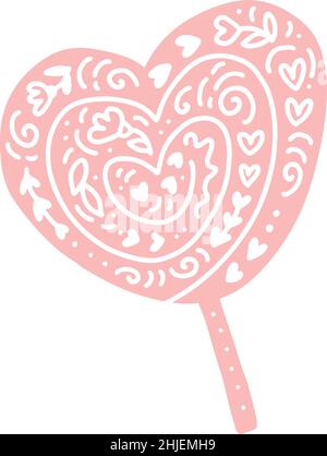 Sweet Heart Shaped Lollipop Candy Pink love flourish background. Simple Hand Drawn Heart Vector Illustration. Perfect As Wall Art, Valentine Gift Card Stock Vector