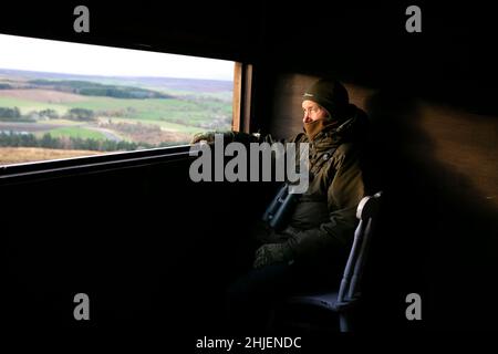 Gavin Craggs of Natural England on the look out for Hen Harriers in the Druids’s plantation bird hide on the Swinton Estate, near Ripon in North Yorks Stock Photo