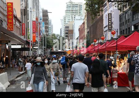 Sydney, Australia. 29th January 2022. The lunar new year and the Year of the Tiger was celebrated at the Lunar Lanes festival in Haymarket, Sydney’s Chinatown area. Pictured: stalls on Sussex Street, Sydney. Credit: Richard Milnes/Alamy Live News Stock Photo