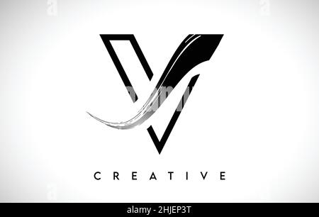 Outline Monogram Letter V Brush Stroke Design Logo Icon with Artistic Paintbrush Stroke Logo Icon Illustration. Stock Vector