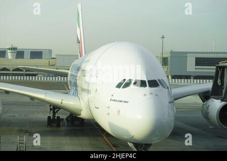 DUBAI, UAE - FEBRUARY 02, 2020: Airbus A380-800 close-up in the early morning. Front view. Dubai International Airport Stock Photo