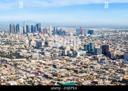 Downtown Los Angeles skyline city buildings cityscape aerial view photo in California United States LA Stock Photo
