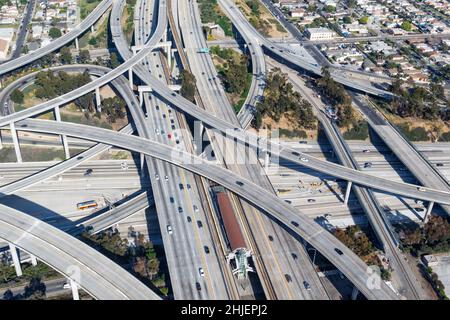 Century Harbor Freeway intersection junction Highway roads traffic America city aerial view photo in Los Angeles California Stock Photo