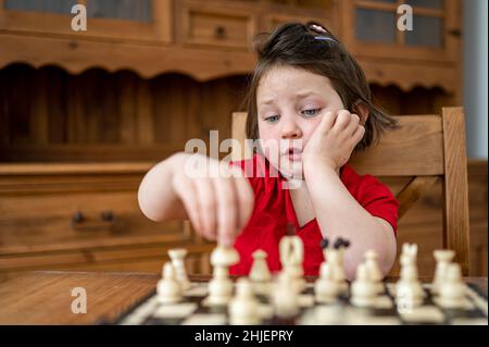 A smart little girl playing chess. Stock Photo