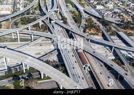 Century Harbor Freeway intersection junction Highway roads traffic America city aerial view photo in Los Angeles California Stock Photo