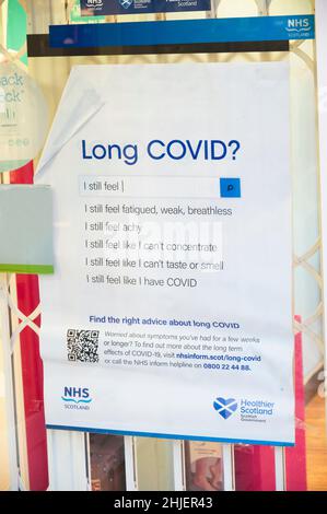 London, England, UK, January 22nd 2022, Long covid symptoms sign on pharmacy shop window UK Stock Photo