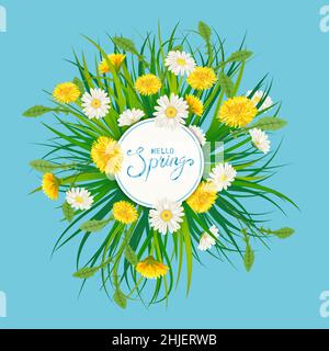 Hello Spring lettering template background with flowers bouquet dandelions and daisies, chamomiles, grass. Vector illustration. Fresh design for Stock Vector