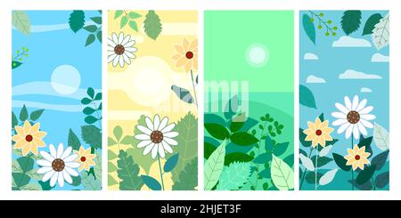 Set of floral spring leaves and flowers vertical backgrounds social media stories templates, color vibrant banners, posters, cover design, wallpapers Stock Vector