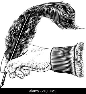 Quill Feather Ink Pen Hand Vintage Woodcut Print Stock Vector
