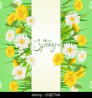 Hello Spring lettering template background with flowers dandelions and daisies, chamomiles, grass. Vector illustration. Fresh design for posters Stock Vector