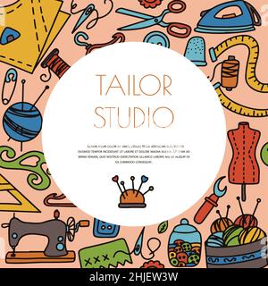 Vector doodle sewing banners. Vector sewing store sale, tailor studio, ads. Sewing mannequin, machine, measuring and cutting supplies, Black outline Stock Vector