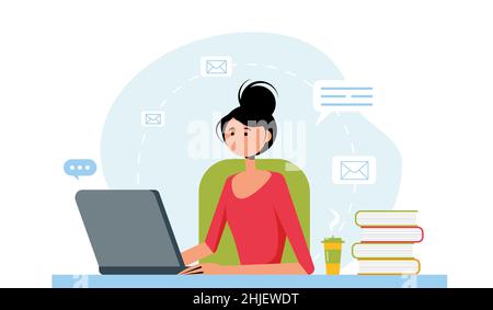 Beautiful woman working from home, student or freelancer.Home office concept. Cute vector illustration in flat style. Stock Vector