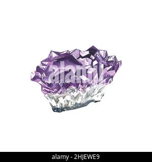 Watercolor crystals. Amethyst crystals, crystal cluster, isolated on white background Stock Photo