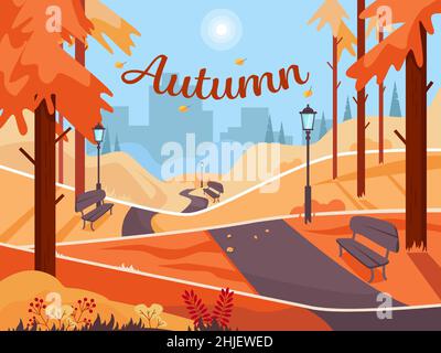 Autumn park with benches and lanterns. Coniferous forest. Colorful landscape on a city background. Vector illustration. Stock Vector