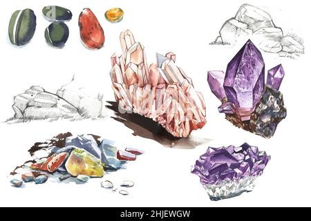 Watercolor crystals and pebbles stones set. Amethyst crystals, crystal cluster, isolated on white background Stock Photo