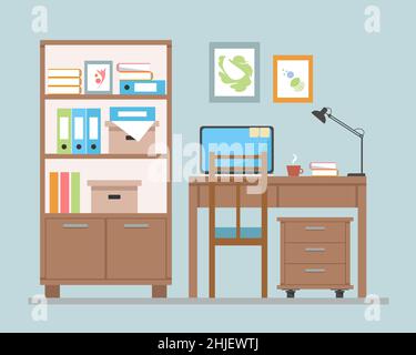 Flat design vector illustration of home workplace, workspace with computer. Flat colorful minimalistic style. Work room interior. Vector illustration Stock Vector