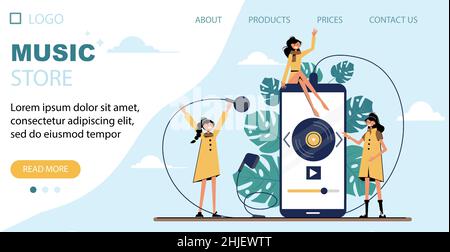 Music Streaming Illustration for landing page with pretty women and smartphone. Vector illustration. Stock Vector