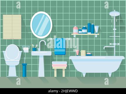 Bathroom with furniture and long shadows. Flat style vector illustration. Stock Vector