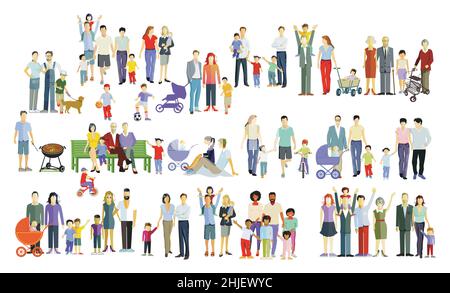 Parents and children, family groups isolated on white, illustration Stock Vector