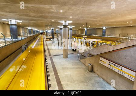 Berlin, Germany - April 23, 2021: Metro U-Bahn Underground Station Bundestag in Berlin, Germany. Stock Photo