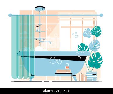 Bath full of foam with bubbles isolated on background. Bathroom interior. Shower taps, soap, bathtub, candles, a glass of wine and flowers. Comfortabl Stock Vector