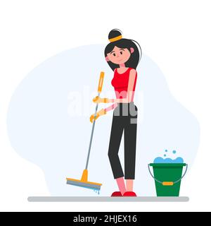 Girl washes the floor. Young beautiful happy woman cleans the floor with a  wet mop. Housekeeper does the cleaning. Vector illustration isolated on whi  Stock Vector Image & Art - Alamy