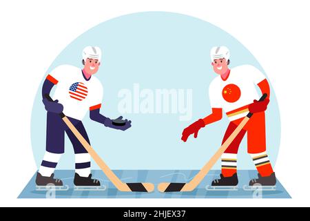 Ice hockey players. Competition between the USA and China. Vector illustration in a flat style. Stock Vector