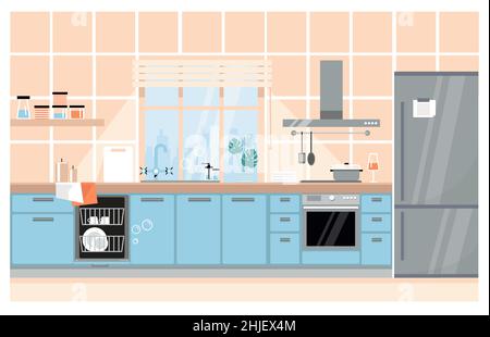 Cozy kitchen interior with furniture and stove, cupboard, dishes, fridge and utensils. Flat cartoon style vector illustration. Stock Vector