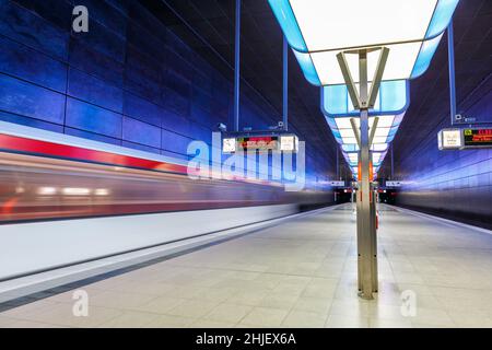 Hamburg, Germany - April 21, 2021: Hochbahn Metro U-Bahn Underground Station Hafencity University in Hamburg, Germany. Stock Photo