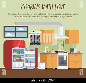 Kitchen interior with furniture, stove, refrigerator and chalk board. Cooking food. Cooking with love concept. Vector illustration in flat style. Stock Vector